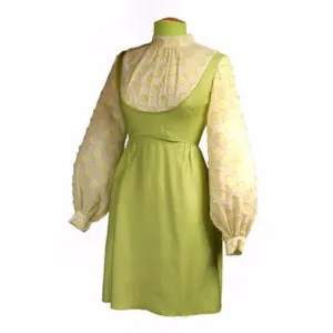 Vintage Dress Lime Green Flocked  Balloon Sleeves 1968