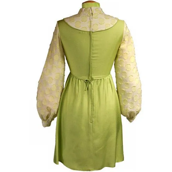 Vintage Dress Lime Green Flocked  Balloon Sleeves 1968