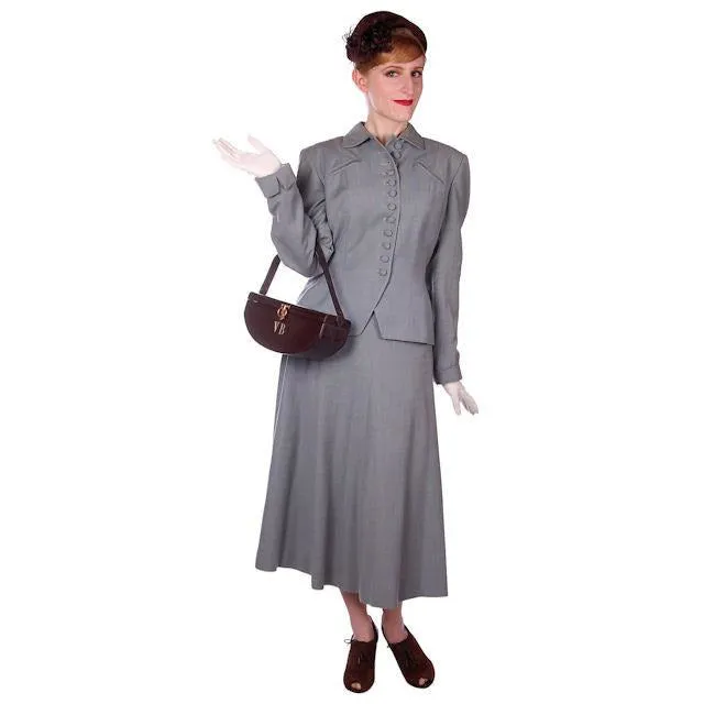 Vintage Dusty Light Blue  Wool Ladies Suit 1940s Wasp Waist 38B 27W