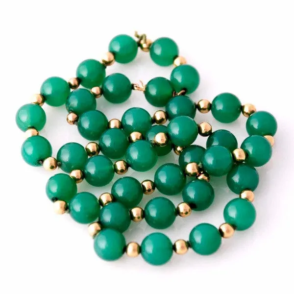 Vintage Emerald Green Chalcedony Beads Necklace  14K Clasp 22" Long