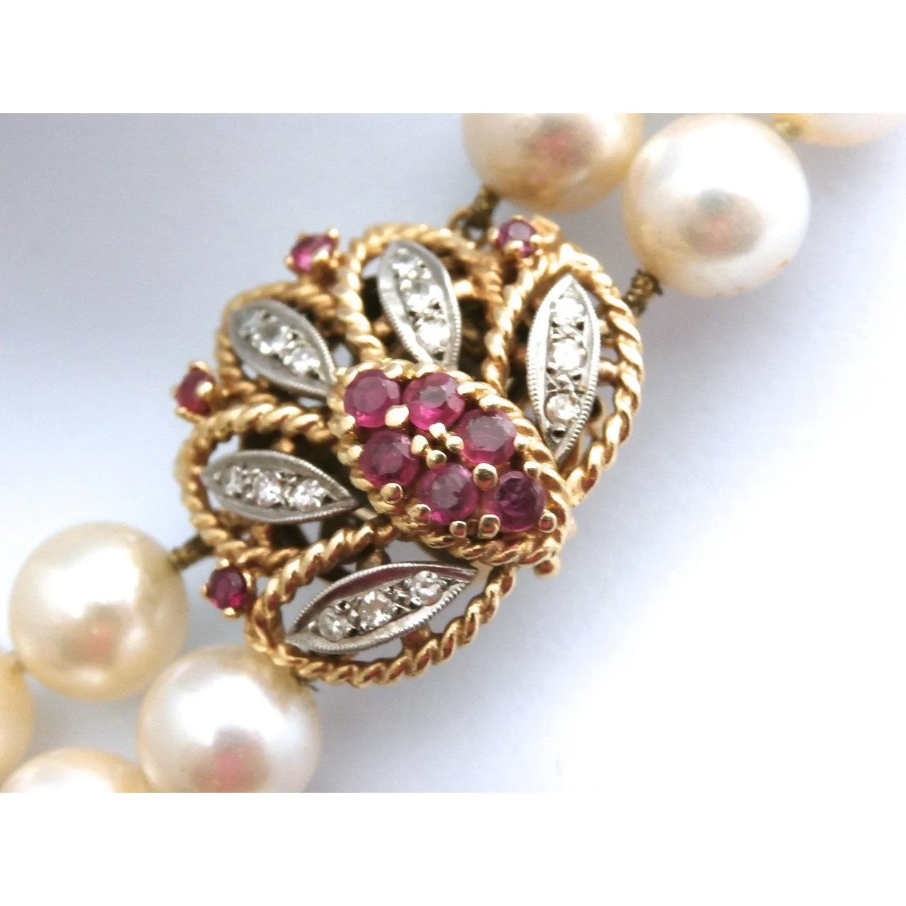 Vintage Estate Double Strand 9MM Pearls .25 K Diamonds Ruby Large 14K  1930s