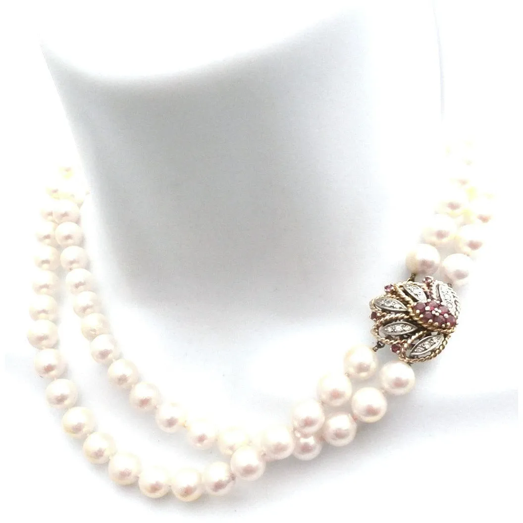 Vintage Estate Double Strand 9MM Pearls .25 K Diamonds Ruby Large 14K  1930s