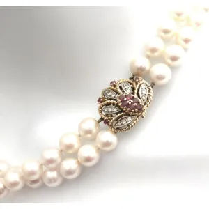 Vintage Estate Double Strand 9MM Pearls .25 K Diamonds Ruby Large 14K  1930s