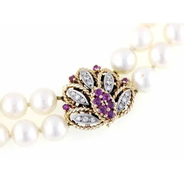 Vintage Estate Double Strand 9MM Pearls .25 K Diamonds Ruby Large 14K  1930s