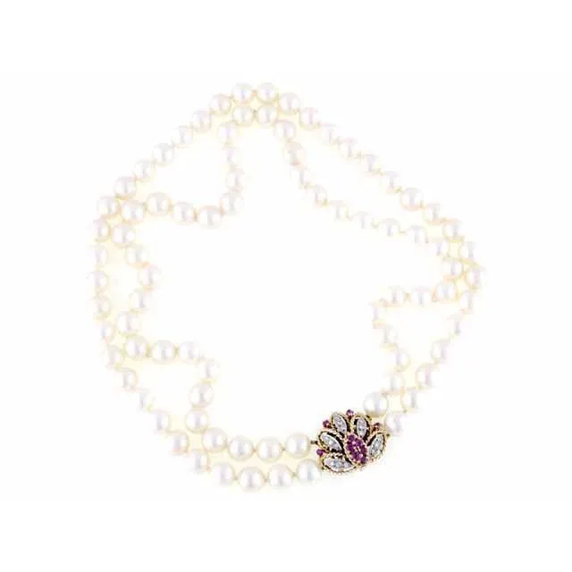 Vintage Estate Double Strand 9MM Pearls .25 K Diamonds Ruby Large 14K  1930s