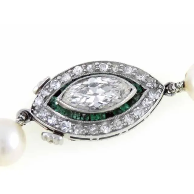 Vintage Estate Necklace Art Deco Platinum  .5K Marquise Diamond Emeralds / Pearl