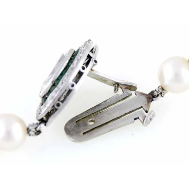 Vintage Estate Necklace Art Deco Platinum  .5K Marquise Diamond Emeralds / Pearl