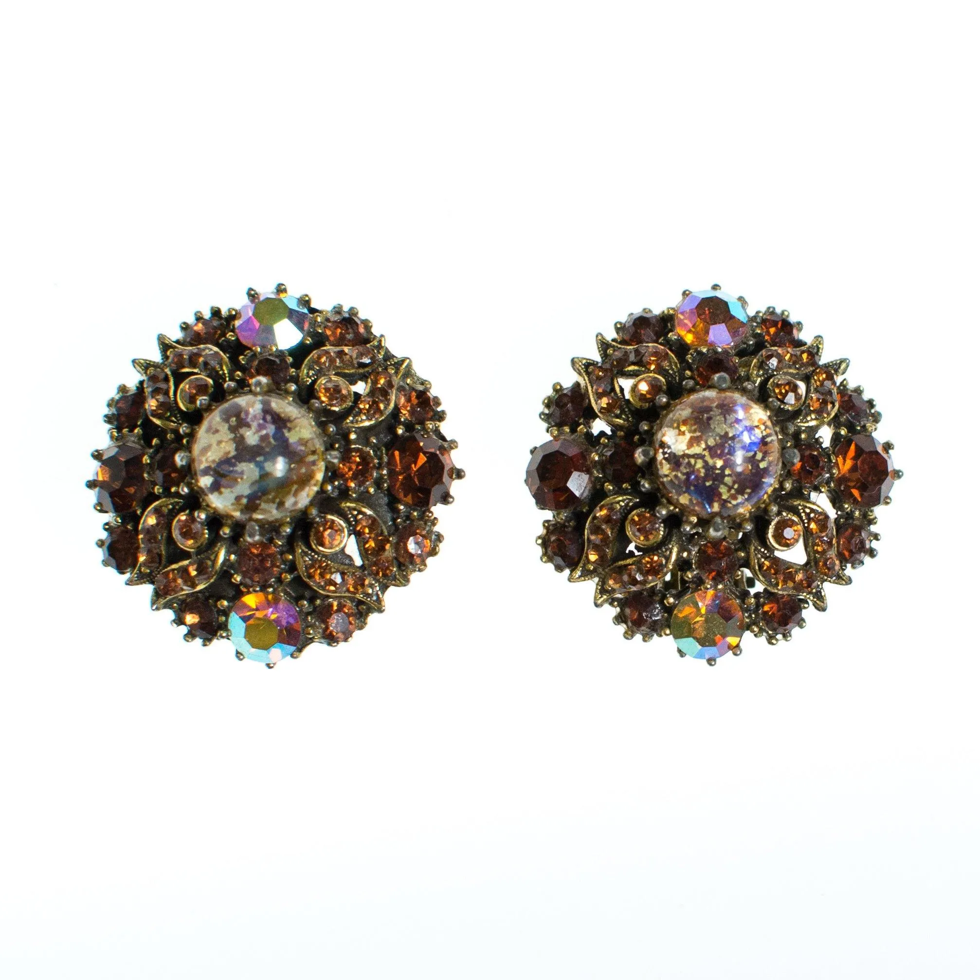 Vintage Fire Opal Citrine Topaz Crystal and Aurora Borealis Clip Earrings