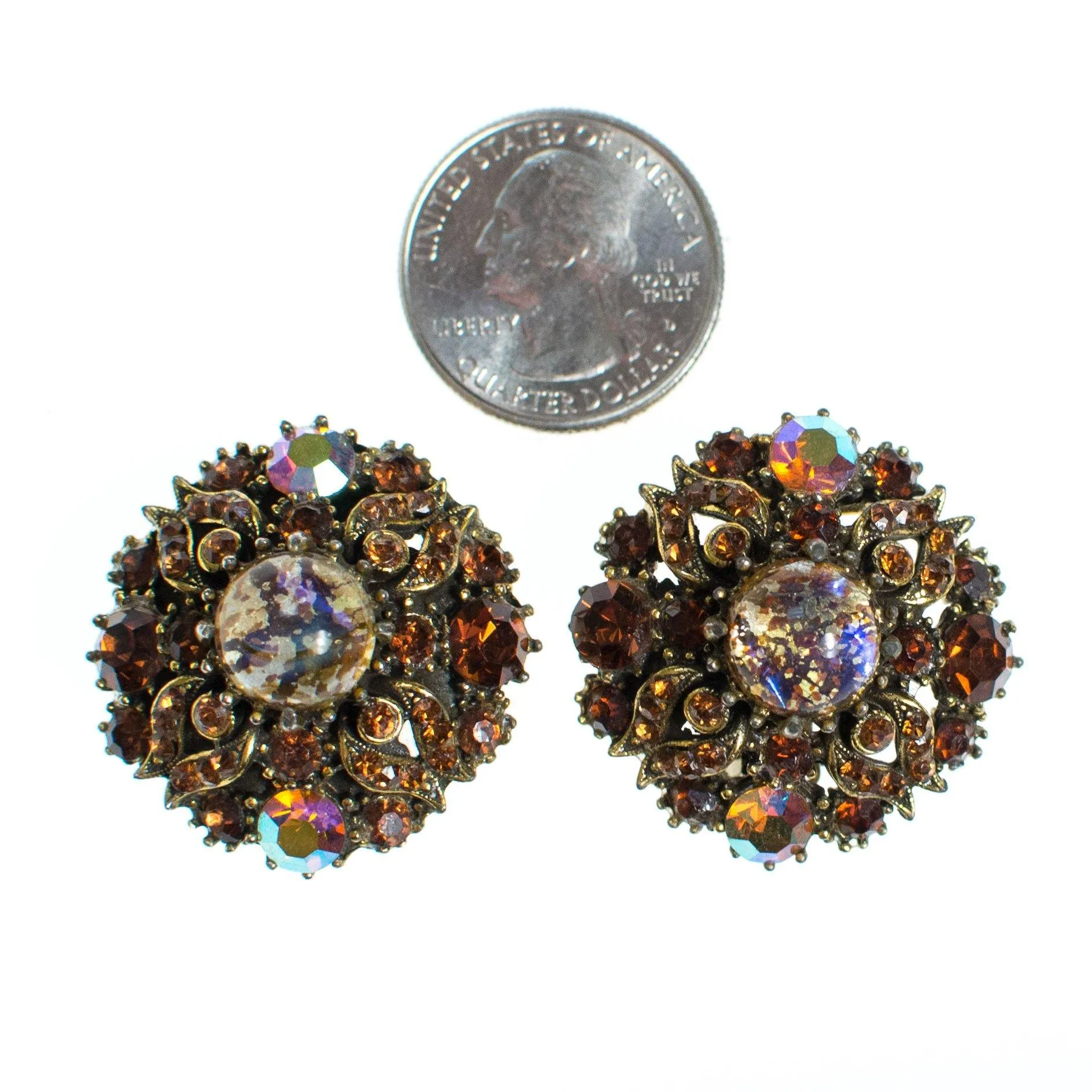 Vintage Fire Opal Citrine Topaz Crystal and Aurora Borealis Clip Earrings