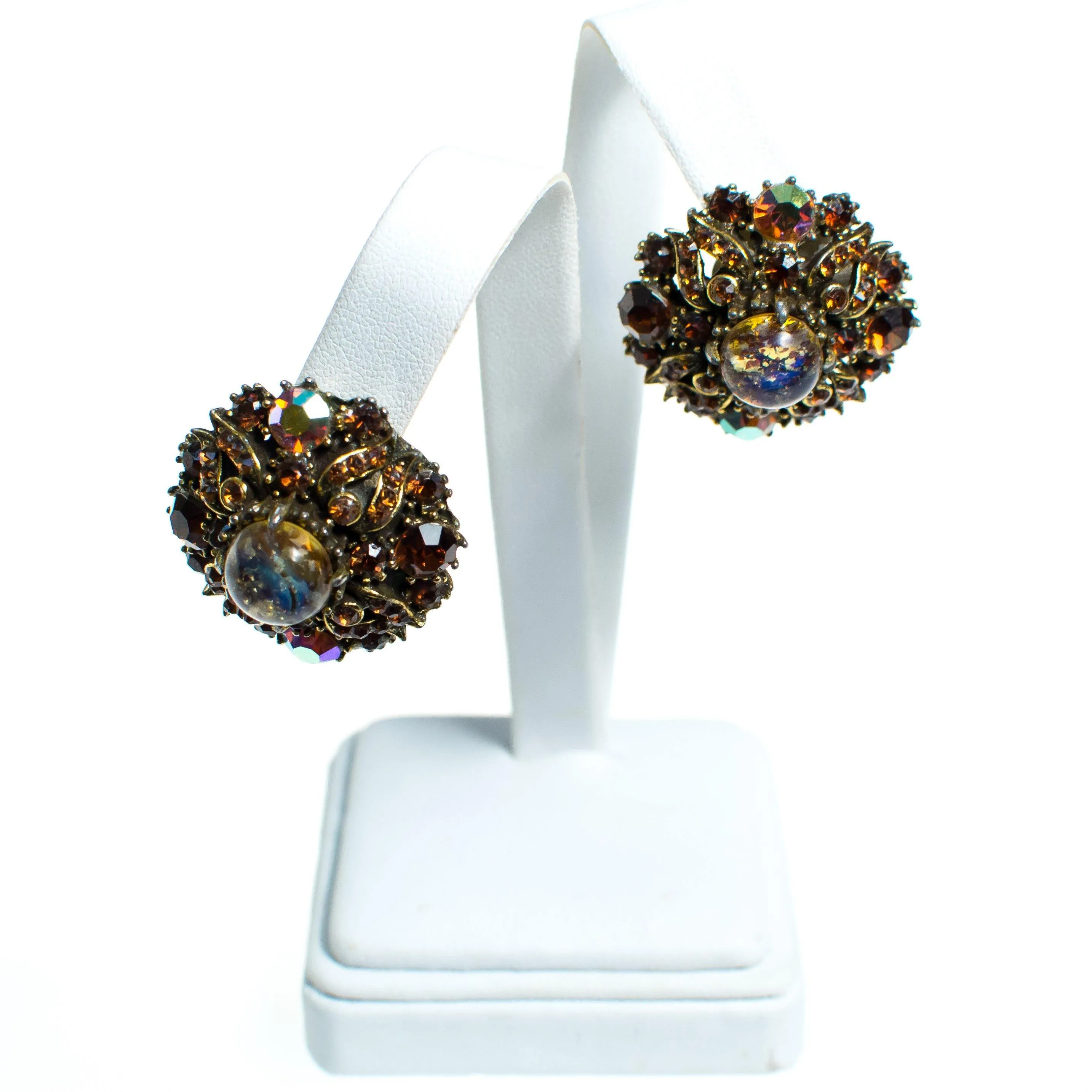 Vintage Fire Opal Citrine Topaz Crystal and Aurora Borealis Clip Earrings