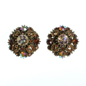 Vintage Fire Opal Citrine Topaz Crystal and Aurora Borealis Clip Earrings