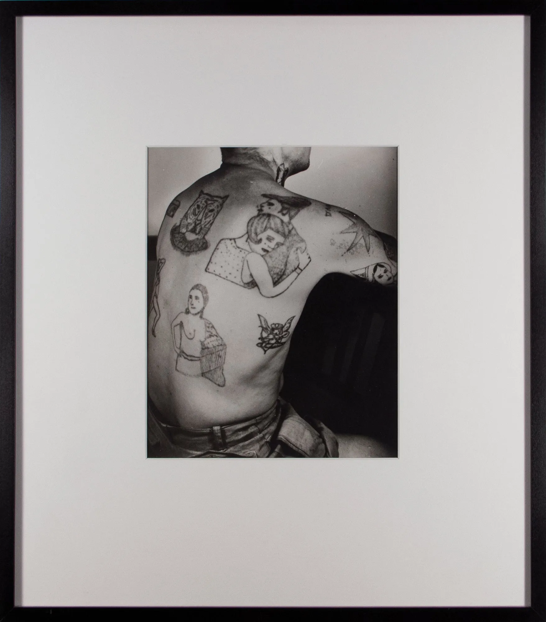 Vintage French police photo, Tattoos–man's back with couple, tiger, nude woman