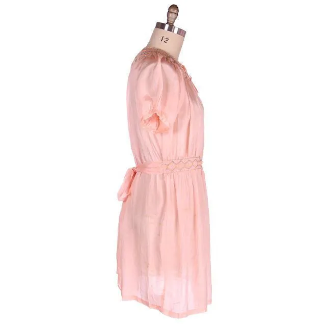 Vintage Girls Peach Silk Pongee Day Dress 1920s Drop Waist Embroidered