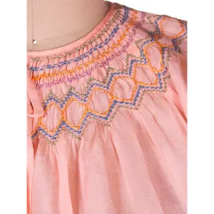 Vintage Girls Peach Silk Pongee Day Dress 1920s Drop Waist Embroidered