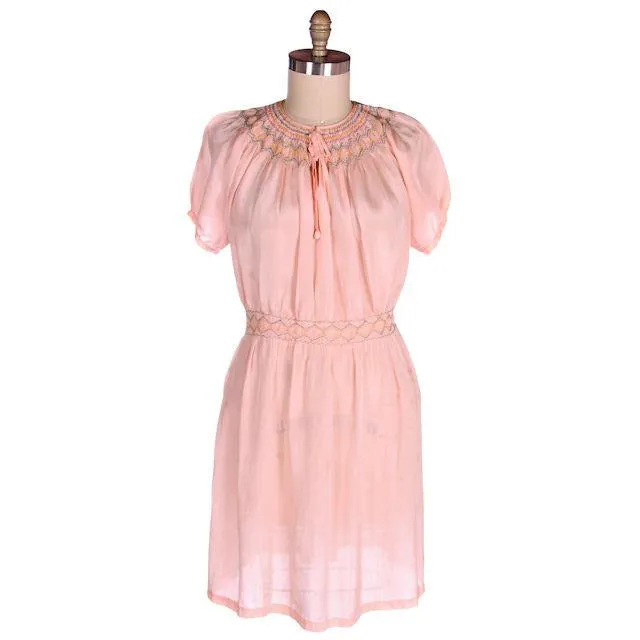 Vintage Girls Peach Silk Pongee Day Dress 1920s Drop Waist Embroidered