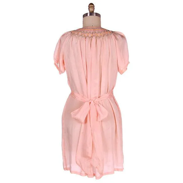Vintage Girls Peach Silk Pongee Day Dress 1920s Drop Waist Embroidered