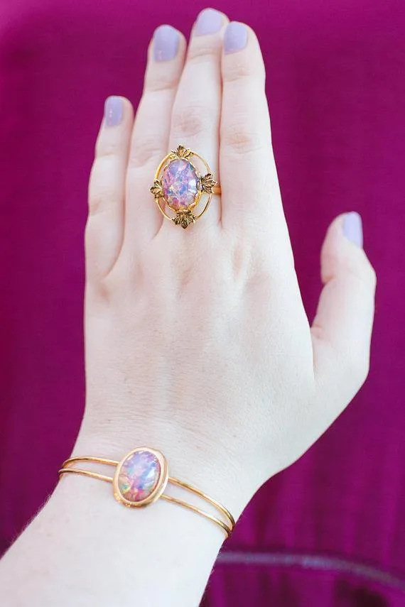Vintage Gold Czech Opal Glass Cuff Bracelet Adjustable Harlequin Glass Fire Opal