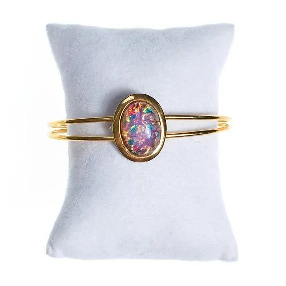 Vintage Gold Czech Opal Glass Cuff Bracelet Adjustable Harlequin Glass Fire Opal