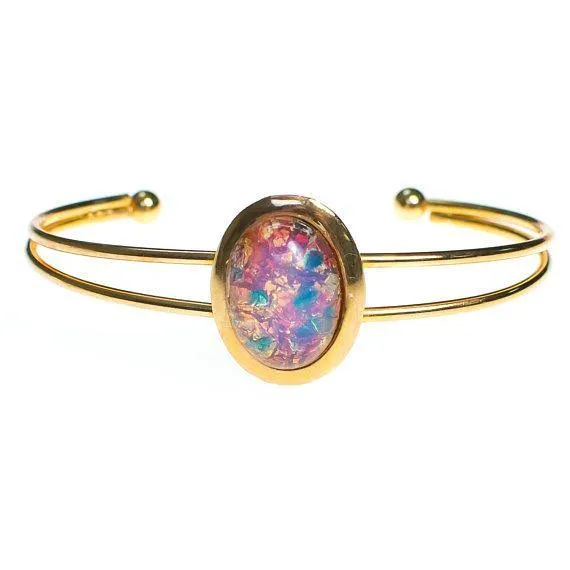 Vintage Gold Czech Opal Glass Cuff Bracelet Adjustable Harlequin Glass Fire Opal