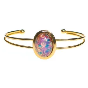 Vintage Gold Czech Opal Glass Cuff Bracelet Adjustable Harlequin Glass Fire Opal