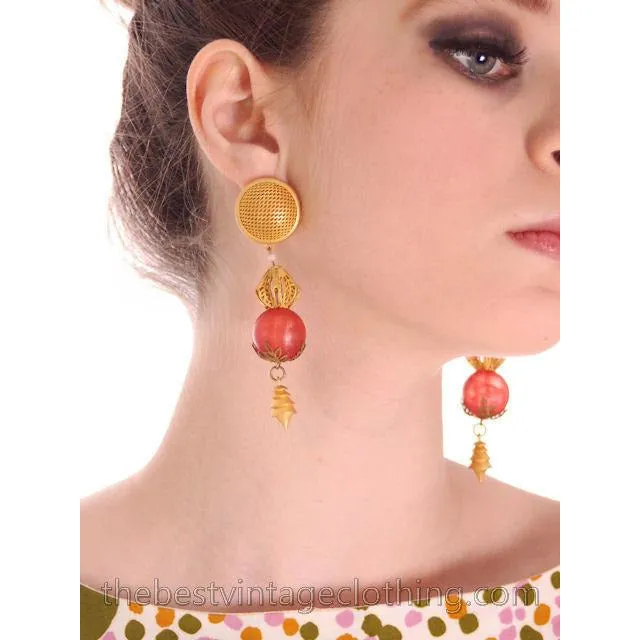 Vintage Gold/Pink Beaded Pierced Earrings 1980S