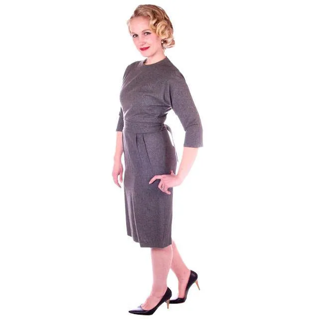 Vintage Gray Wool Secretary Dress 1950S 38" Bust