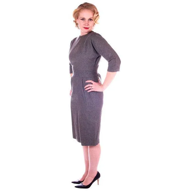 Vintage Gray Wool Secretary Dress 1950S 38" Bust