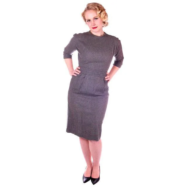 Vintage Gray Wool Secretary Dress 1950S 38" Bust