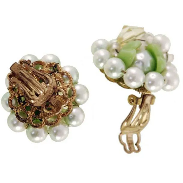 Vintage  Green & Yellow Bead  Earrings Clip Backs 1950s Japan