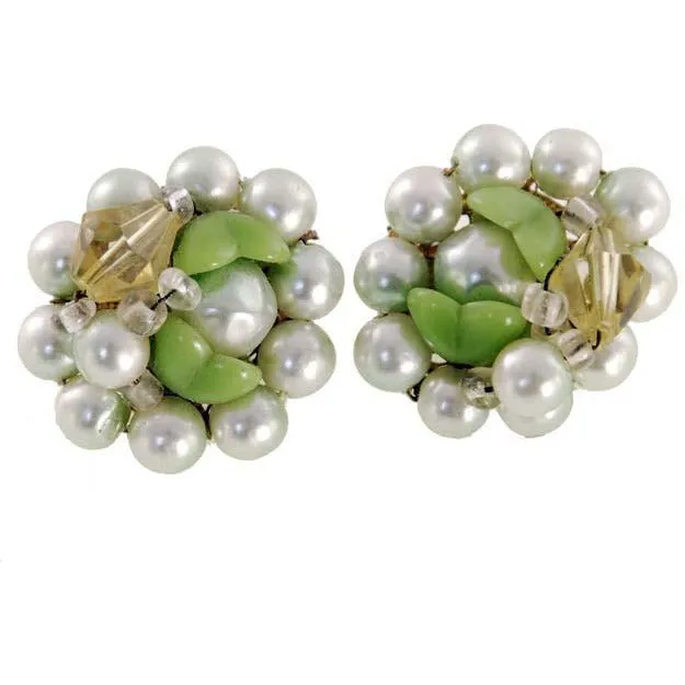Vintage  Green & Yellow Bead  Earrings Clip Backs 1950s Japan