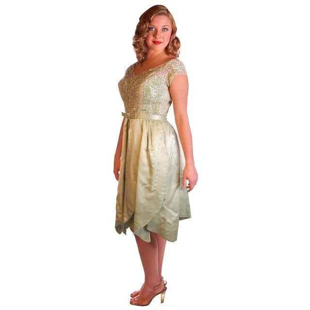 Vintage Green Silk/ Sequins Party Dress Nan Carlby 1950 38-30-Free Petal Skirt