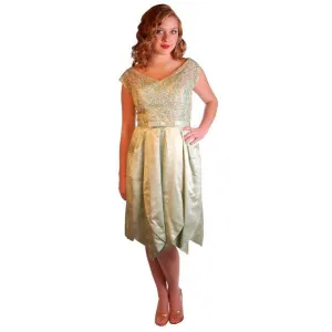 Vintage Green Silk/ Sequins Party Dress Nan Carlby 1950 38-30-Free Petal Skirt