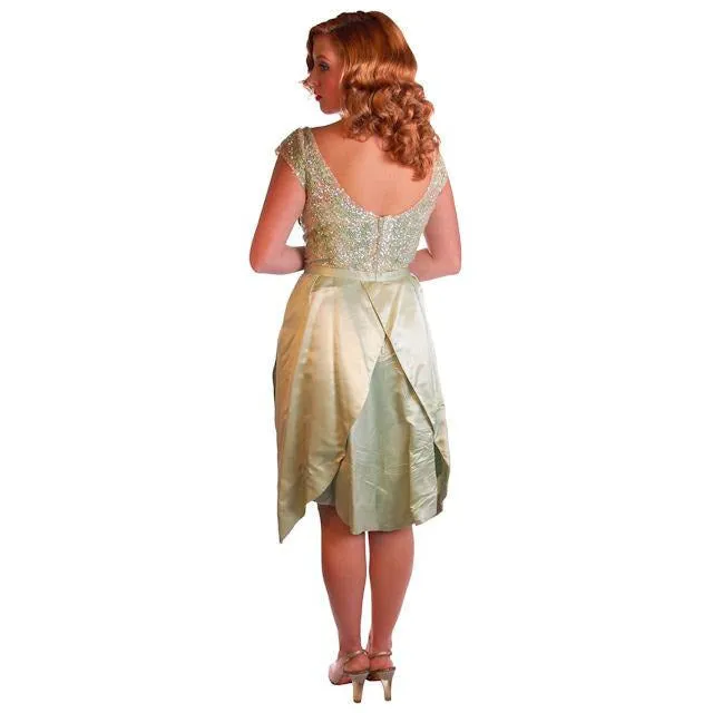 Vintage Green Silk/ Sequins Party Dress Nan Carlby 1950 38-30-Free Petal Skirt