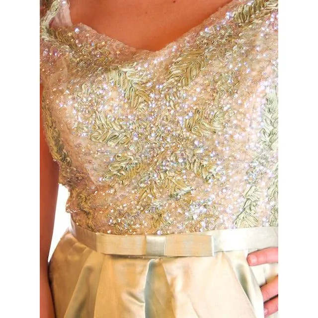 Vintage Green Silk/ Sequins Party Dress Nan Carlby 1950 38-30-Free Petal Skirt