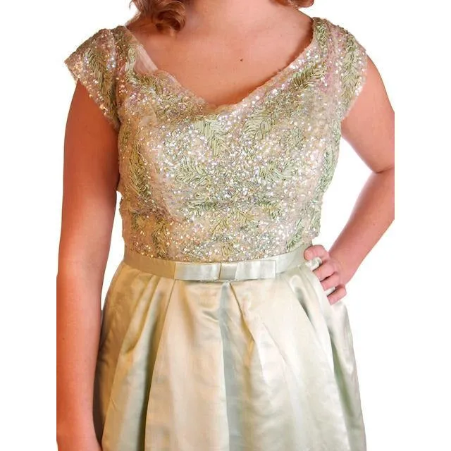 Vintage Green Silk/ Sequins Party Dress Nan Carlby 1950 38-30-Free Petal Skirt