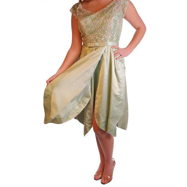 Vintage Green Silk/ Sequins Party Dress Nan Carlby 1950 38-30-Free Petal Skirt