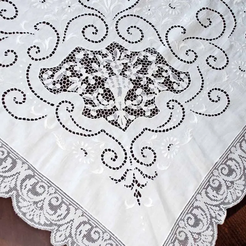 Vintage Handmade Point de Venise Needle Lace and Linen Tablecloth Esso Oil Provenance