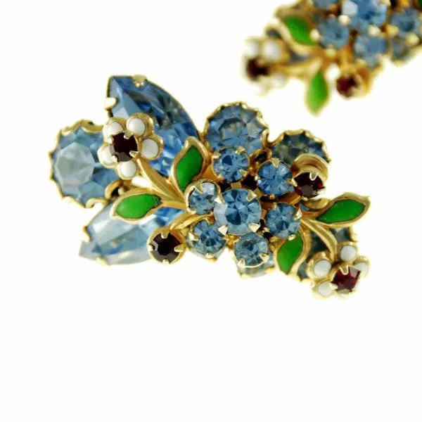 Vintage Hattie Carnegie Earrings Blue Rhinestones 1950S