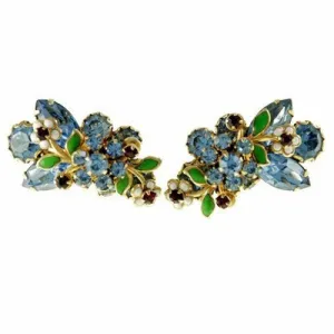 Vintage Hattie Carnegie Earrings Blue Rhinestones 1950S