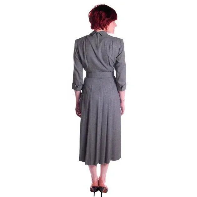 Vintage Heather Gray Wool Gabardine Day Dress 1950's Lenbarry 38-26-44