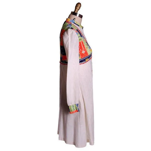 Vintage Hippie Smock Dress Patchwork Print  Yoke Gauze 1970s S-M
