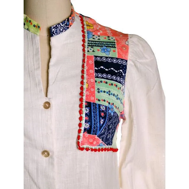 Vintage Hippie Smock Dress Patchwork Print  Yoke Gauze 1970s S-M