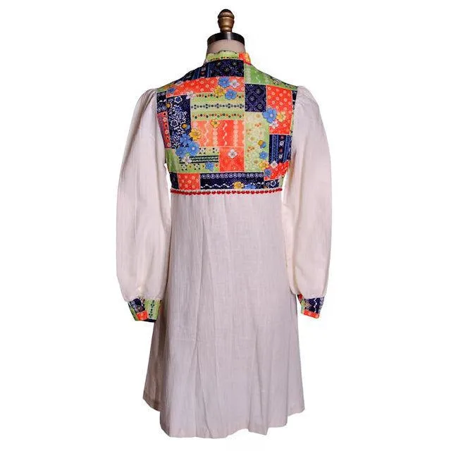 Vintage Hippie Smock Dress Patchwork Print  Yoke Gauze 1970s S-M