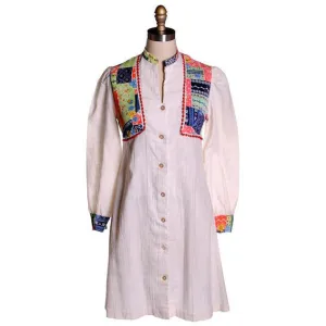 Vintage Hippie Smock Dress Patchwork Print  Yoke Gauze 1970s S-M