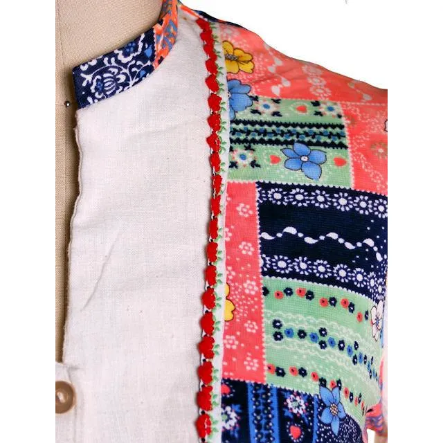 Vintage Hippie Smock Dress Patchwork Print  Yoke Gauze 1970s S-M