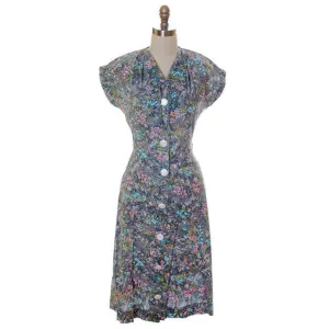 Vintage Housedress 1940s Gray/Lavender Floral Print