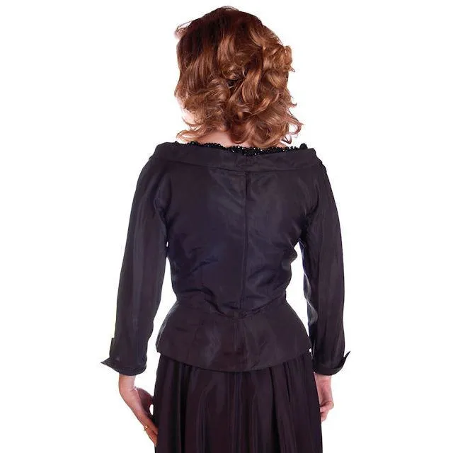 Vintage Jacket Black Silk Taffeta Beaded Cocktail 1950S Red Peplum 36B-28W
