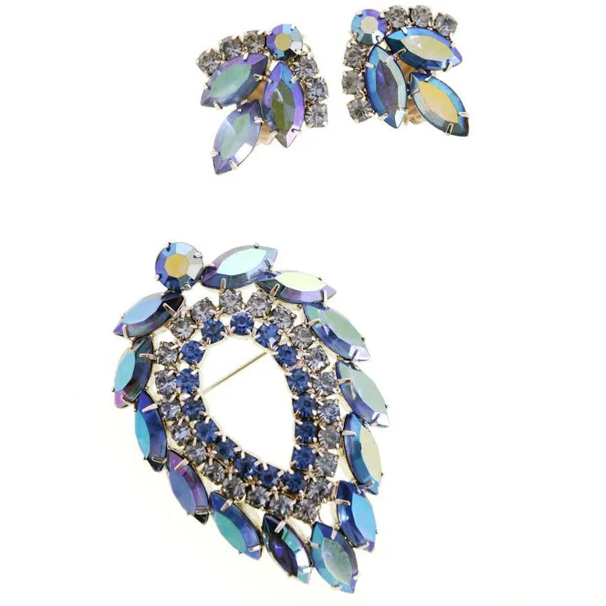 Vintage Juliana Signed Jewelry Sarah Coventry Brooch & Ears Blue Lagoon 1960's