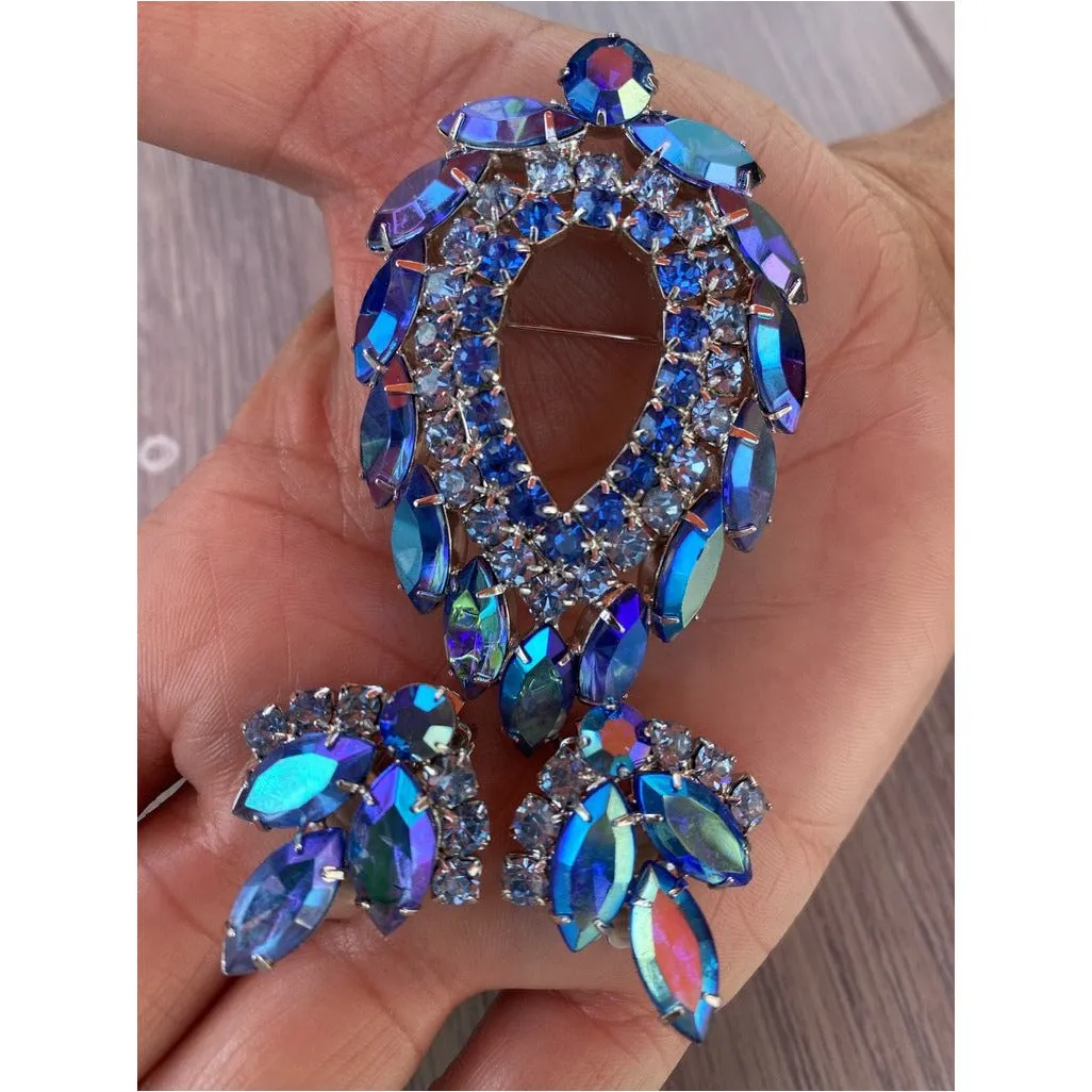 Vintage Juliana Signed Jewelry Sarah Coventry Brooch & Ears Blue Lagoon 1960's