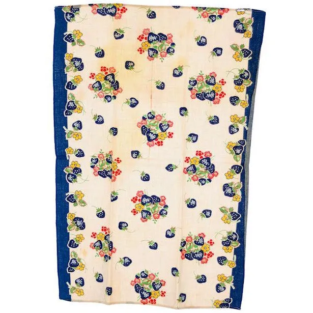 Vintage Kitchen Towel Cotton  Blue Strawberries 1940s